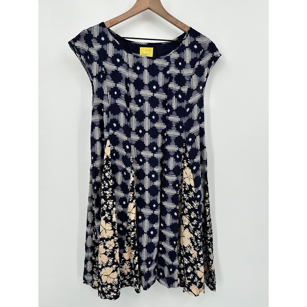 Anthropologie Maeve Navy Indiga Swing Dress Women Large Floral Lace Up Back